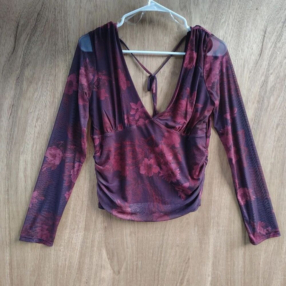 Floral Mesh Ruched Long Sleeve Top Size L New